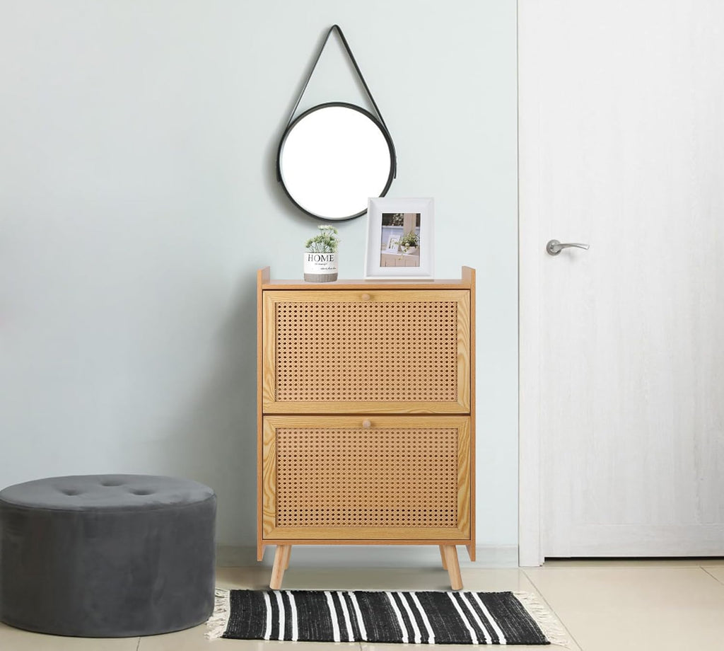 Brown Wooden Shoe Storage Cabinet with 2 Flip Drawers Rattan H1765