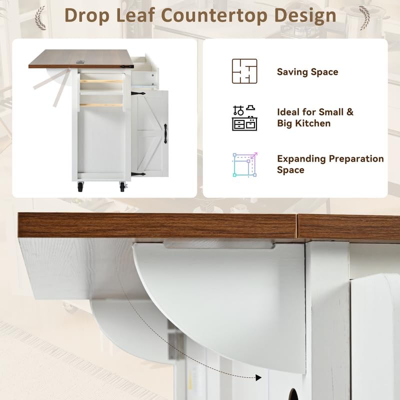 Farmhouse Kitchen Island with Power Outlet, Drop Leaf, Spice Rack and Drawer, Rolling Kitchen Cart on Wheels K736