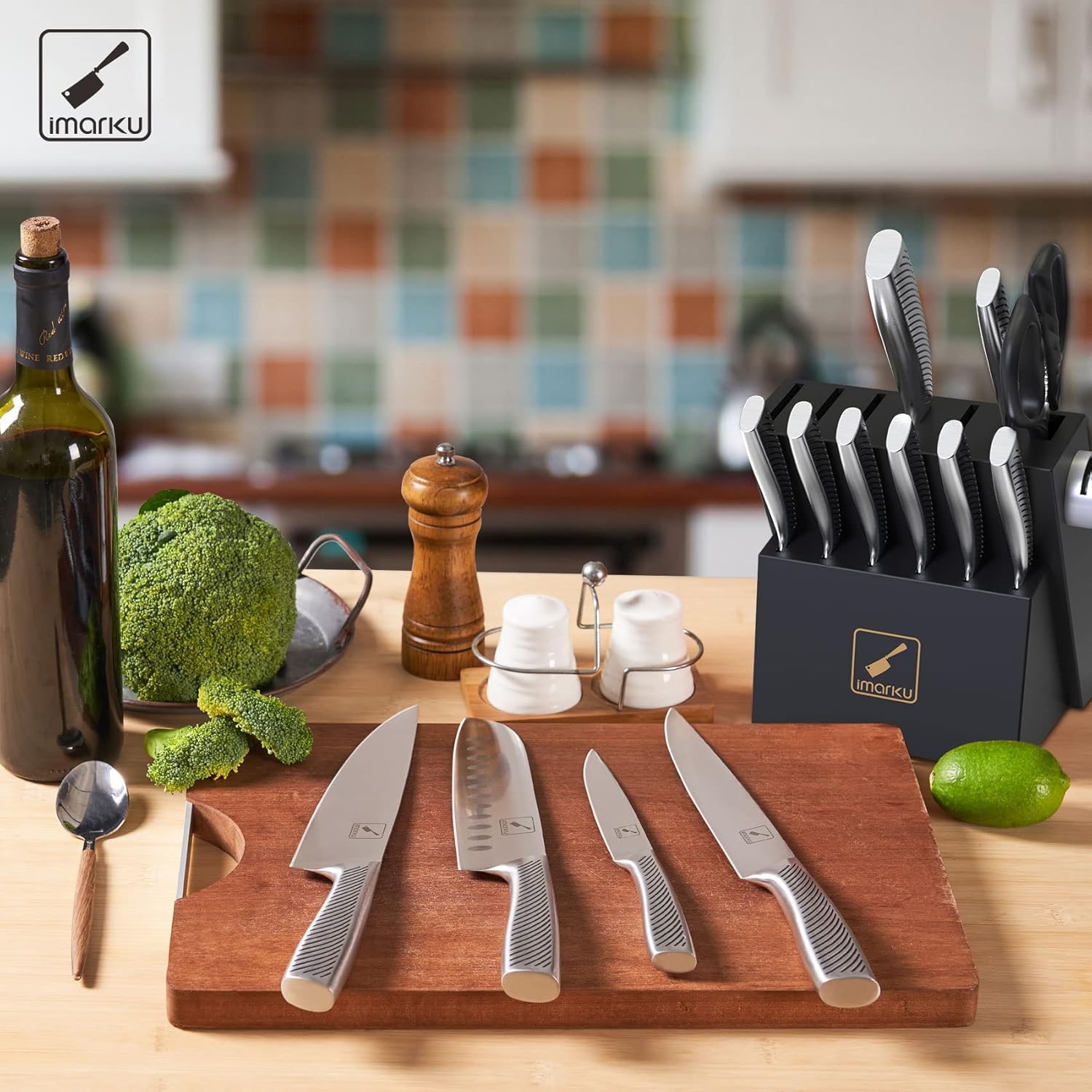 14PCS High Carbon Stainless Steel Kitchen Knife Set with Block U1070