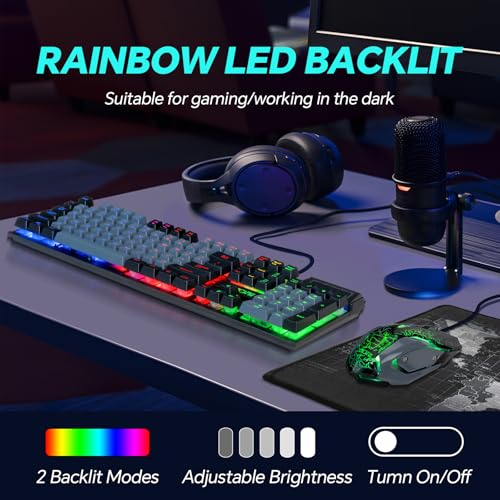 Gaming Keyboard and Mouse Combo, 7-Color Rainbow LED Backlit, 104 Keys Full Light Up Keyboard, Anti-ghosting Multimedia Keys, Mechanical Feel USB Wired Keyboard G4256