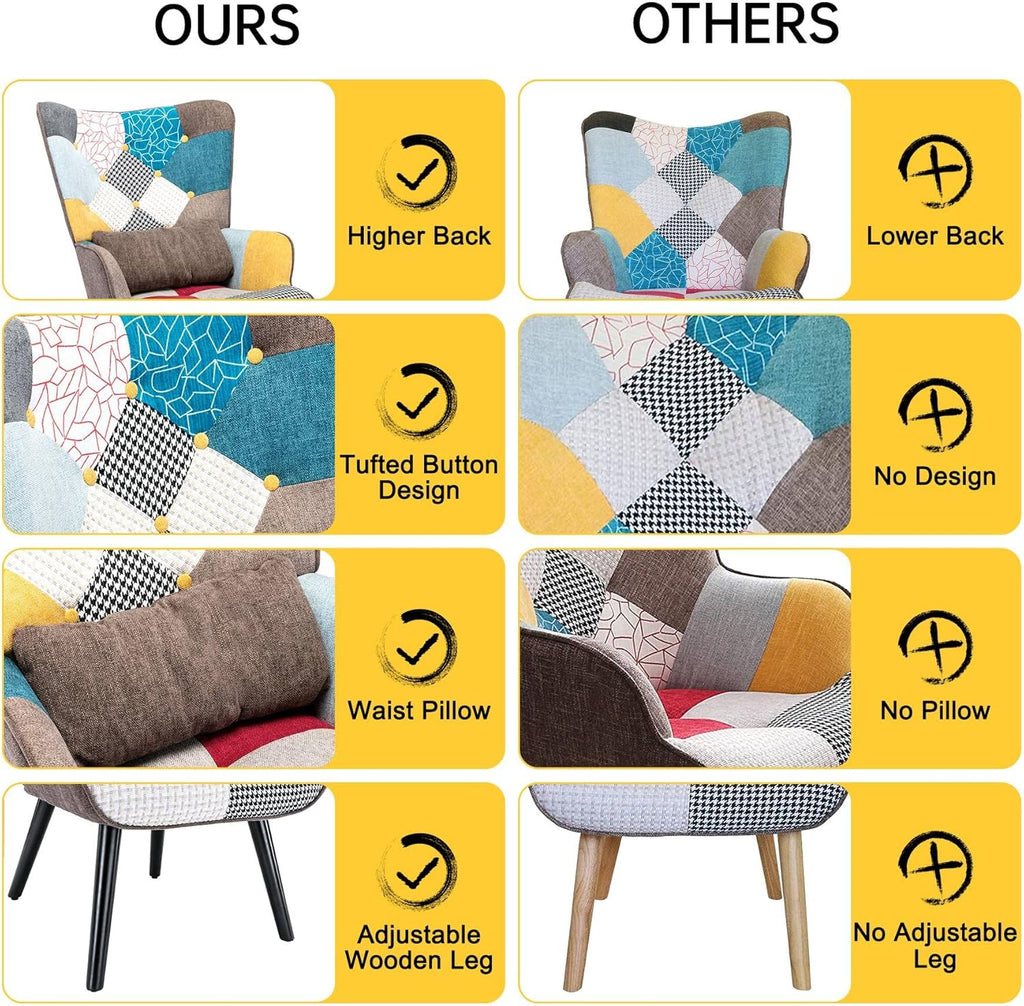 Patchwork Accent Chair with Ottoman, Wooden Legs K590412