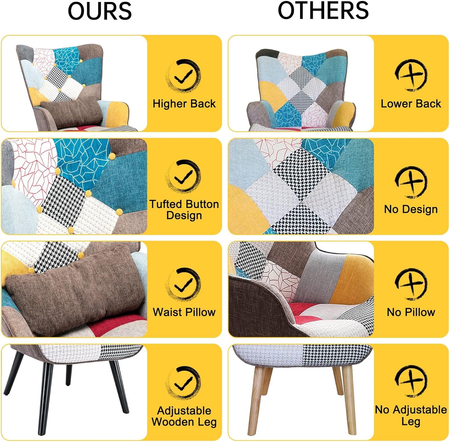 Patchwork Accent Chair with Ottoman, Wooden Legs K590412