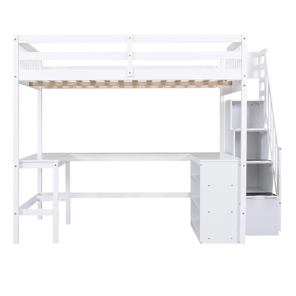 White Wood Full Size Loft Bed with Desk and Storage Staircase L769628