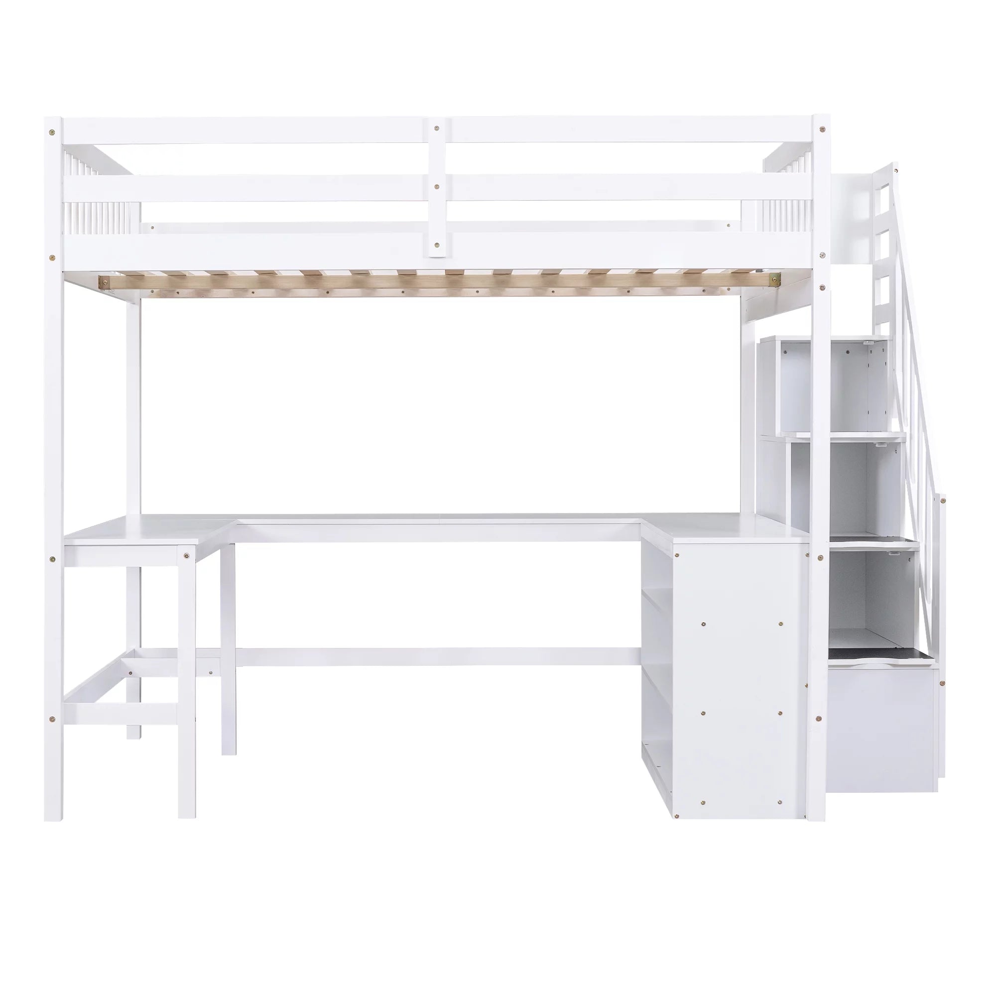 White Wood Full Size Loft Bed with Desk and Storage Staircase L769628