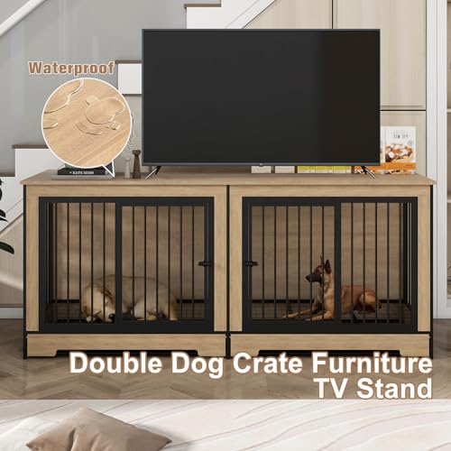 75’’ Double Dog Crate Furniture with Removable Divider & Trays K9109