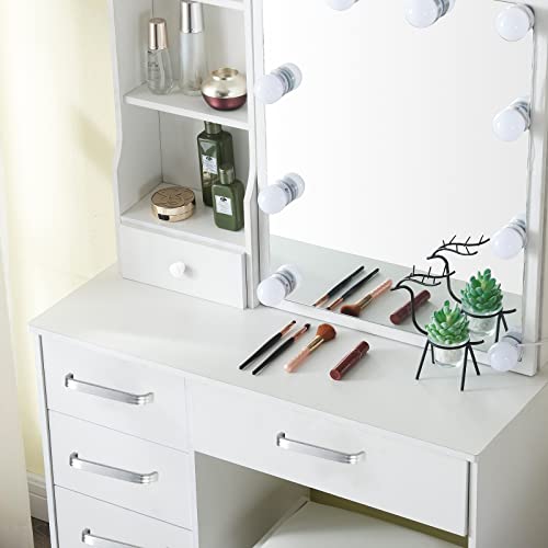 White Makeup Vanity Desk with Lights and Mirror and Drawers V9292
