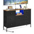 Fabric Dresser with Power Outlets and LED Lights, 8 Drawers, Ink Black and Rustic Brown C659945