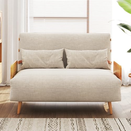 Linen Convertible Chair Bed Sleeper with Wooden Arms Y254714