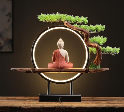 White Ceramic Buddha Statue with Green Artificial Tree and LED Circle Table Lamp, 16.5 in G735756