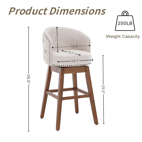 Swivel Bar Stool Set of 2, Grey, Linen, Wood Base H2336