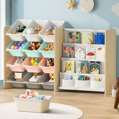 White 12 Bin Toy Storage Organizer with Bookshelf V836