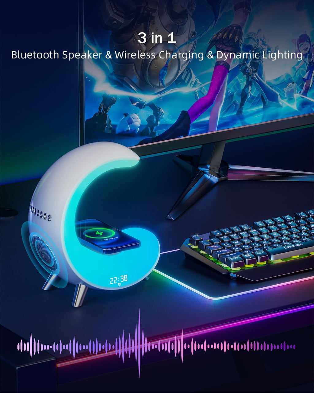 Desk Lamp with Wireless Charger, Bluetooth Speaker Alarm Clock, Color-Changing Ambient Light P53917
