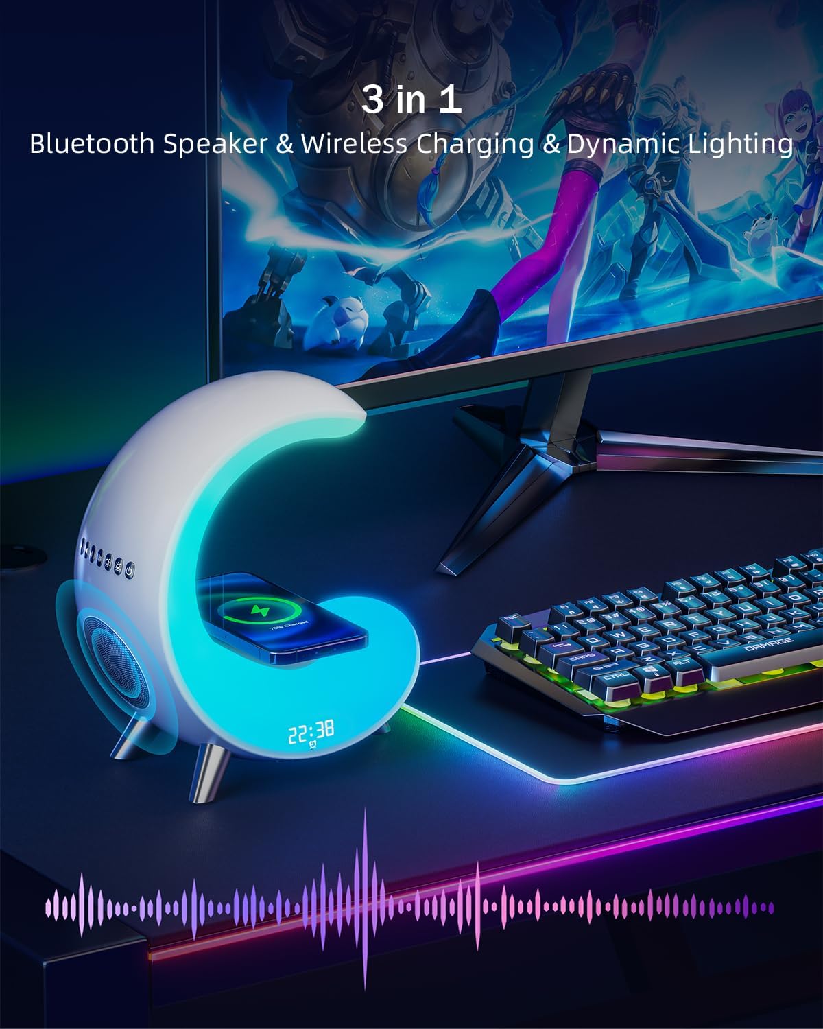 Desk Lamp with Wireless Charger, Bluetooth Speaker Alarm Clock, Color-Changing Ambient Light P53917