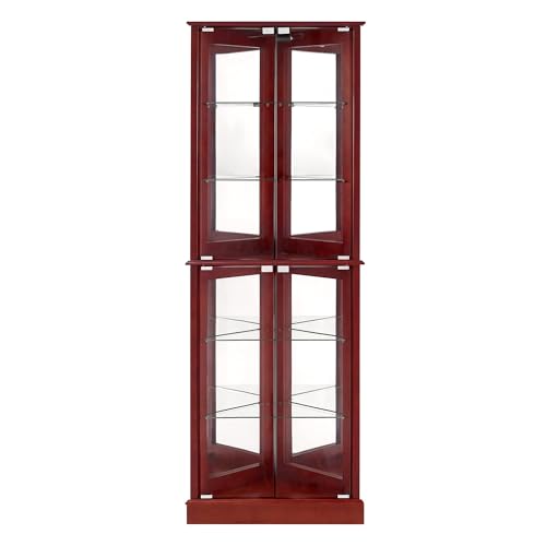 72" Tall Corner Cabinet with LED Light, Glass Doors, Adjustable Shelves, Mirrored Back Panel, Curved Wood P303839