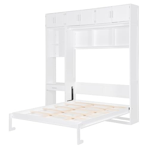 White Full Size Wall Murphy Bed with Built-in Desk & Shelves L502
