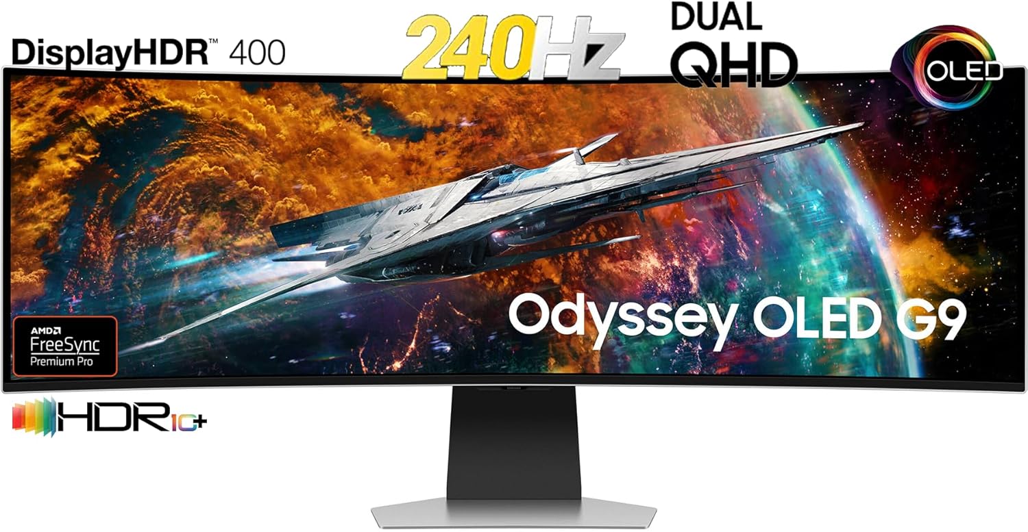 49" Curved OLED Gaming Monitor, Dual QHD, 240Hz, 0.03ms GTG, HDR10+, AMD FreeSync Premium Pro, Silver O879624
