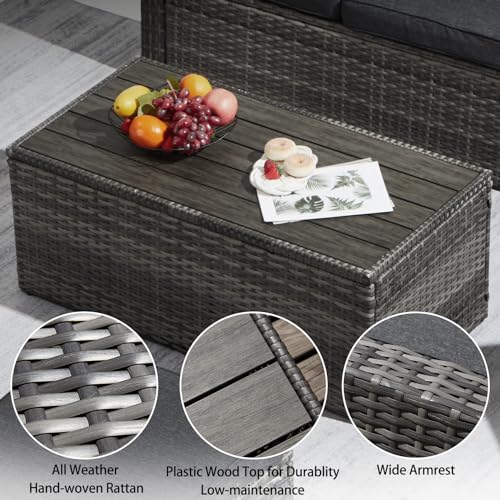 6 Pieces Patio Furniture Sets with Cushions and Coffee Table, Brown Wicker Outdoor Sectional Sofa D291