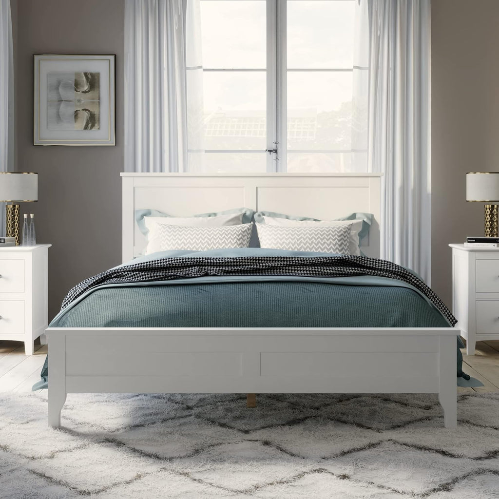 White Full Size Wooden Platform Bed with Headboard W835789