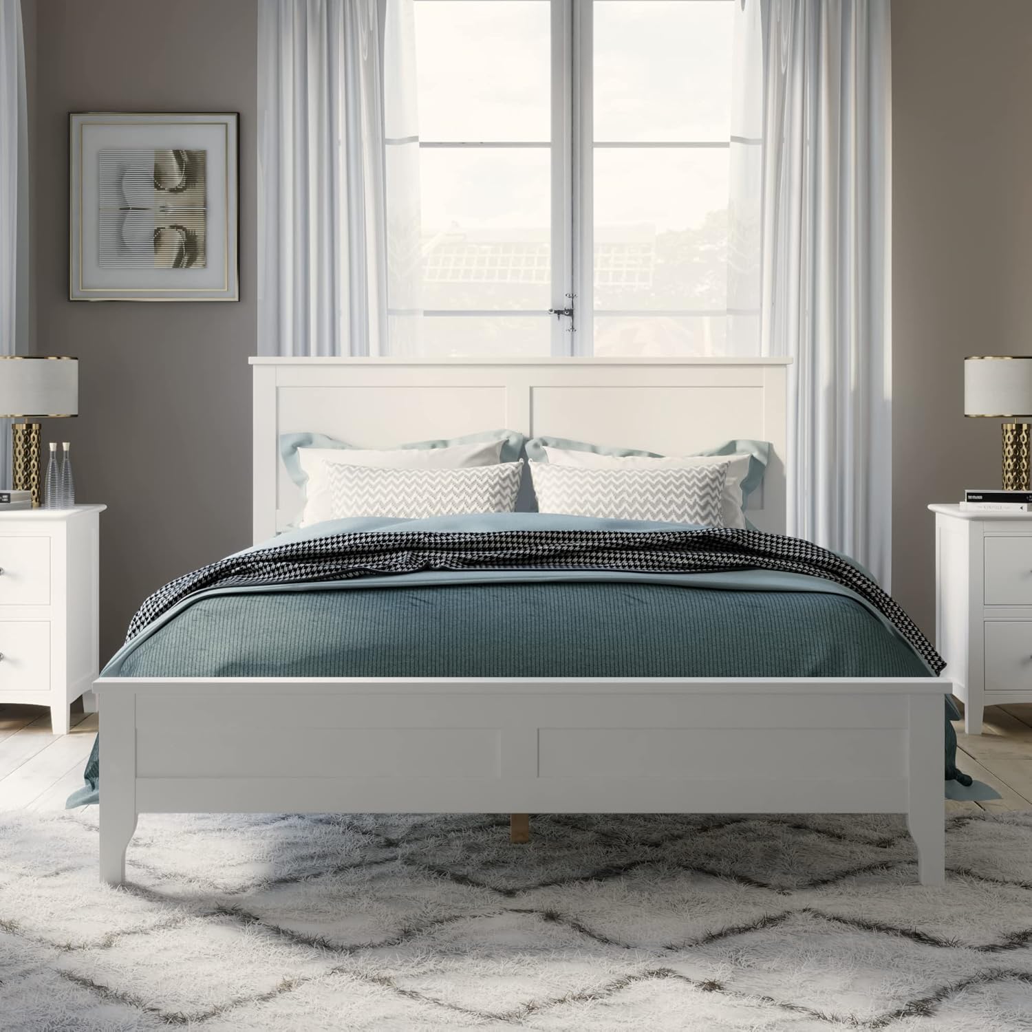 White Full Size Wooden Platform Bed with Headboard W835789