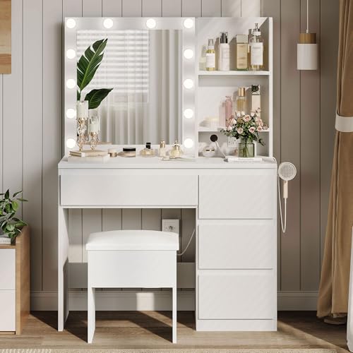 White Vanity Desk with Mirror and 12 LED Lights, 4 Drawers, Padded Stool with Storage L1443