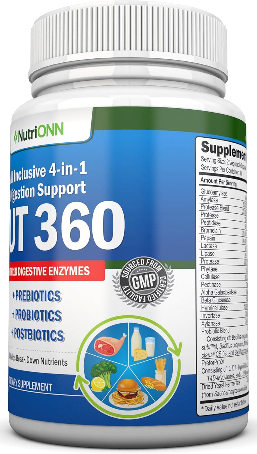Probiotics, Prebiotics & Postbiotics with 18 Digestive Enzymes - 4-in-1 Complete Gut & Digestive Support Supplement - Non GMO - Vegan T86276