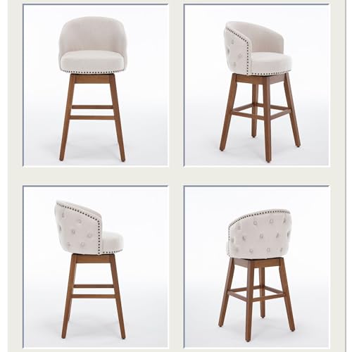 Swivel Bar Stool Set of 2, Grey, Linen, Wood Base H2336