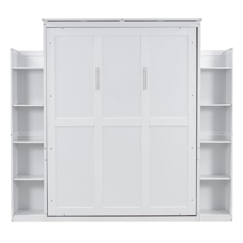 White Queen Size Wood Murphy Bed with Shelves and LED Lights A2940
