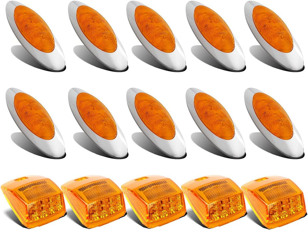 10Pcs Amber LED Side Marker Lights Chrome Surface Mount with Bullet Plugs I383