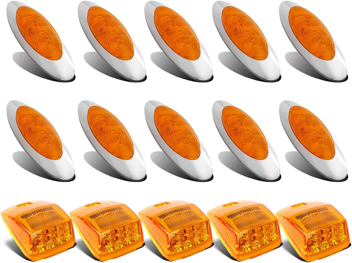 10Pcs Amber LED Side Marker Lights Chrome Surface Mount with Bullet Plugs I383
