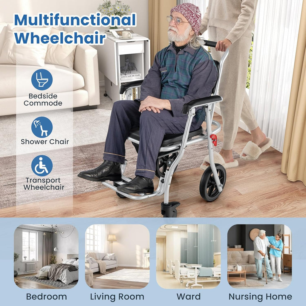 Foldable Shower Chair with Arms, Lockable Casters, Detachable Bucket T3459