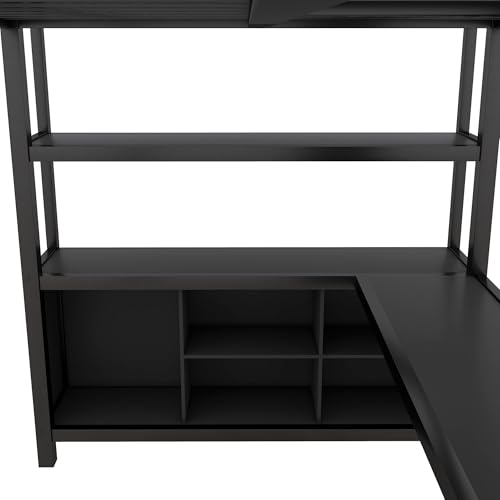 Black Full Size Metal Loft Bed with Wardrobe and L-Shaped Desk I308