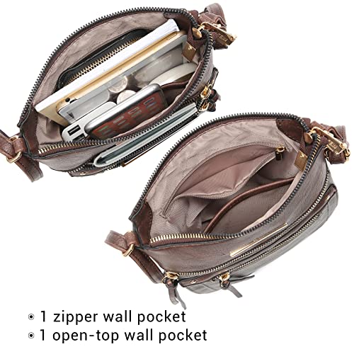 Vegan Leather Crossbody Purse with Multi Zipper Pockets T7404
