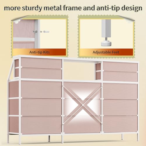 55" W Rustic Brown Dresser with 13 Fabric Drawers and 2 Open Shelves Y393146