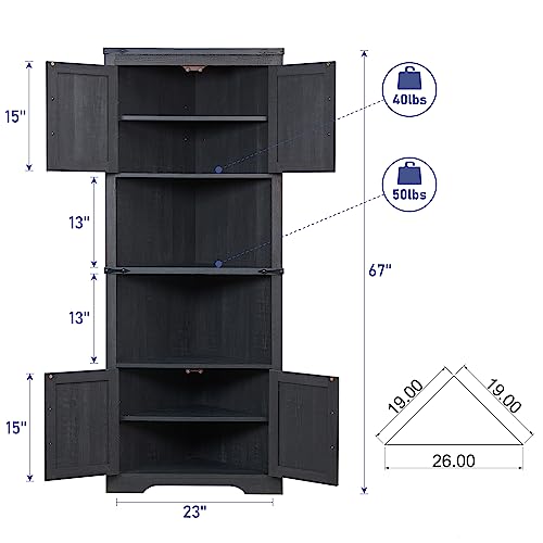 Black Tall Corner Storage Cabinet with Barn Door Design & Adjustable Shelves E73946