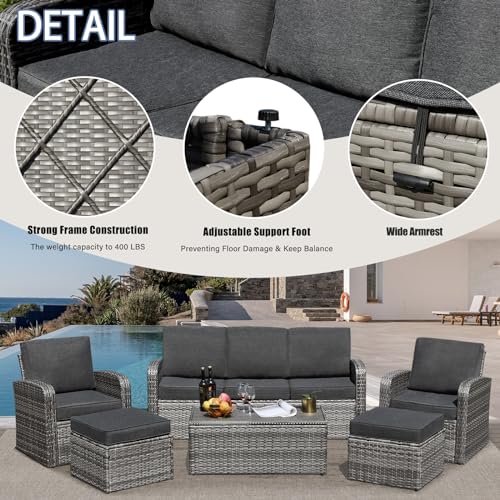 6 Pieces Patio Furniture Sets with Cushions and Coffee Table, Brown Wicker Outdoor Sectional Sofa D291