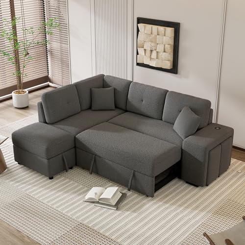 Cream Chenille L Shape Sleeper Sofa with Storage Ottoman and 2 Stools H391340