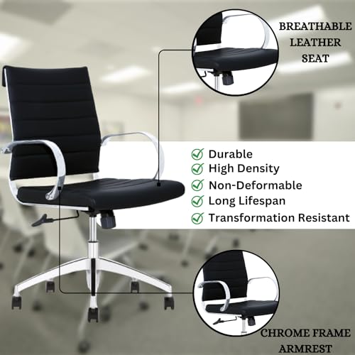 Black Ribbed Mid Back Conference Room Chairs with 360 Swivel Rolling Wheels (Pack of 8) I585