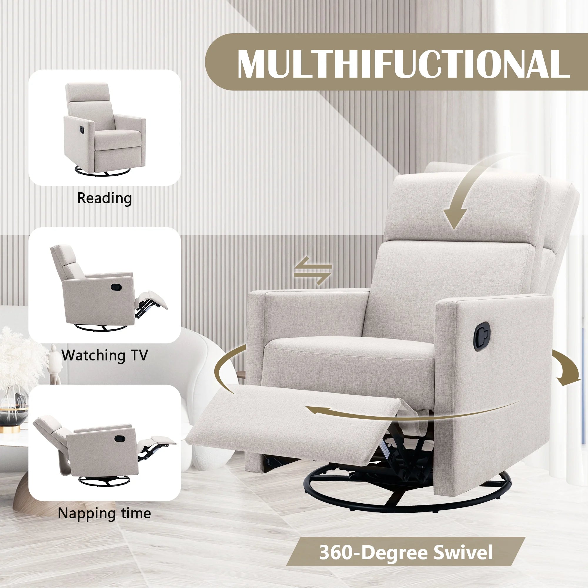 Tan Upholstered Fabric Swivel Rocker Recliner Chair S79977