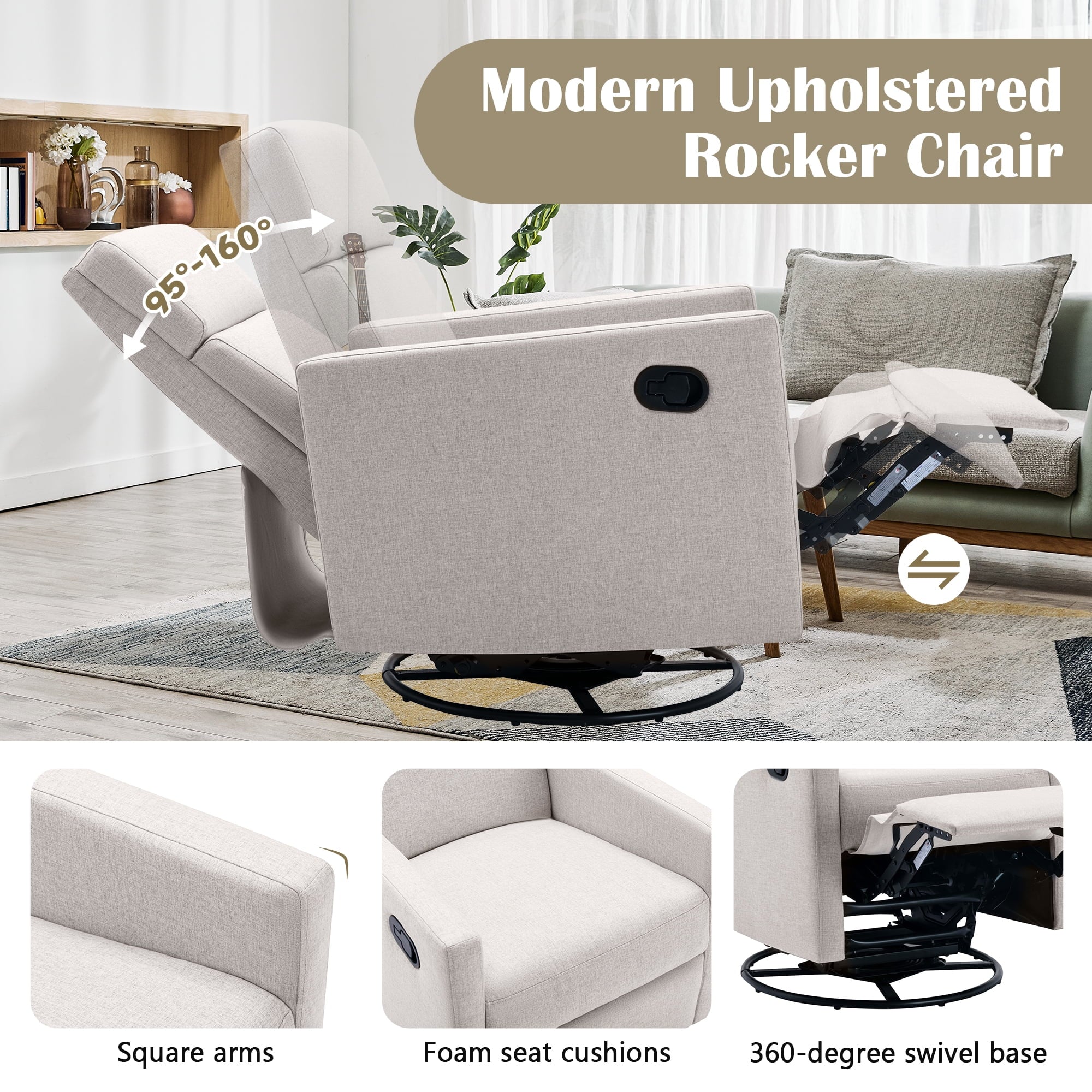 Tan Upholstered Fabric Swivel Rocker Recliner Chair S79977