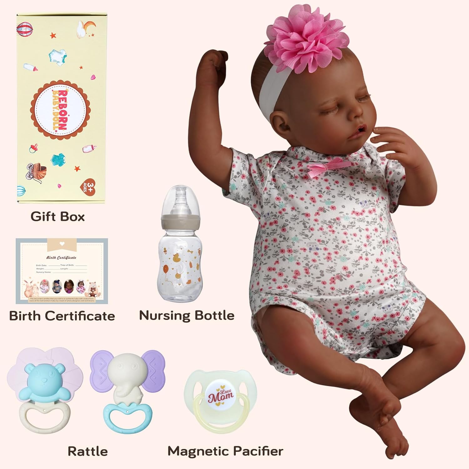 17-Inch Black Reborn Baby Dolls with Feeding Kit D168
