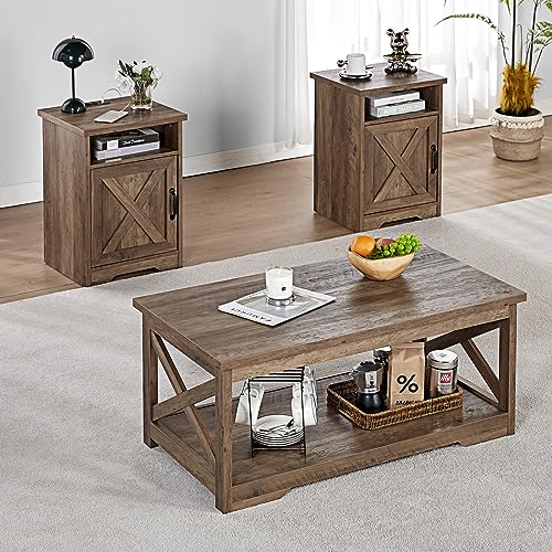 5-Piece Farmhouse Table Set with Fireplace TV Stand, Coffee Table, Two End Tables, Charging Station and USB Ports D937624
