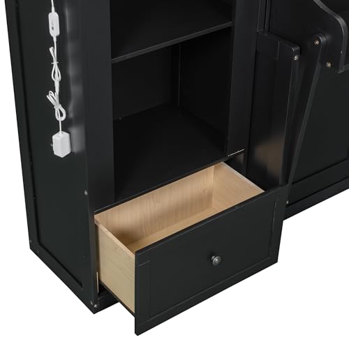 Queen Size Murphy Bed with Desk, 2 Sides Storage Cabinets, Shelf, Black Y529