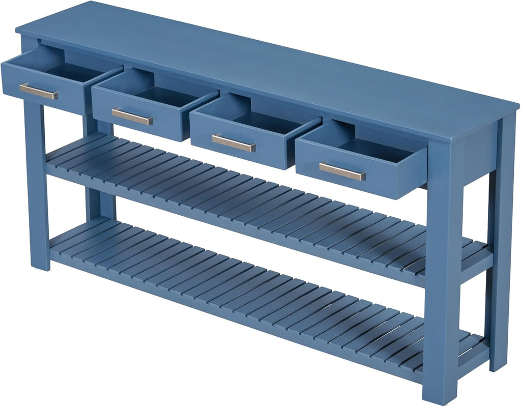 Navy Blue Acacia Wood Console Table with 4 Drawers and 2 Shelves E9300