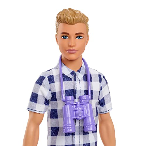 Camping Set with Blonde Ken Doll in Plaid Shirt & Accessories Including Cooler, Map M54320