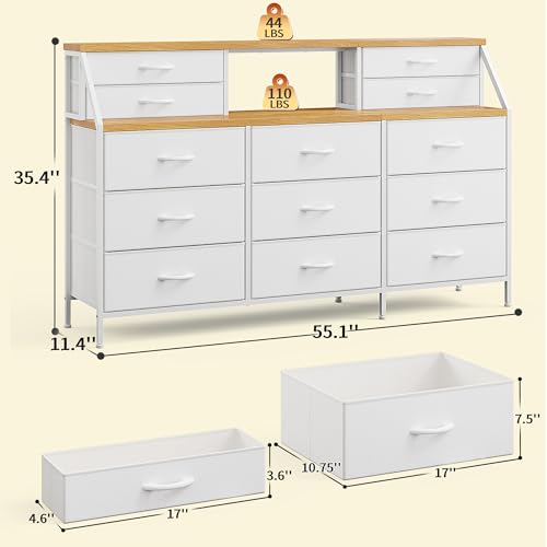 55" W Rustic Brown Dresser with 13 Fabric Drawers and 2 Open Shelves Y393146
