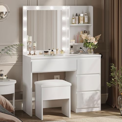 White Vanity Desk with Mirror and 12 LED Lights, 4 Drawers, Padded Stool with Storage L1443