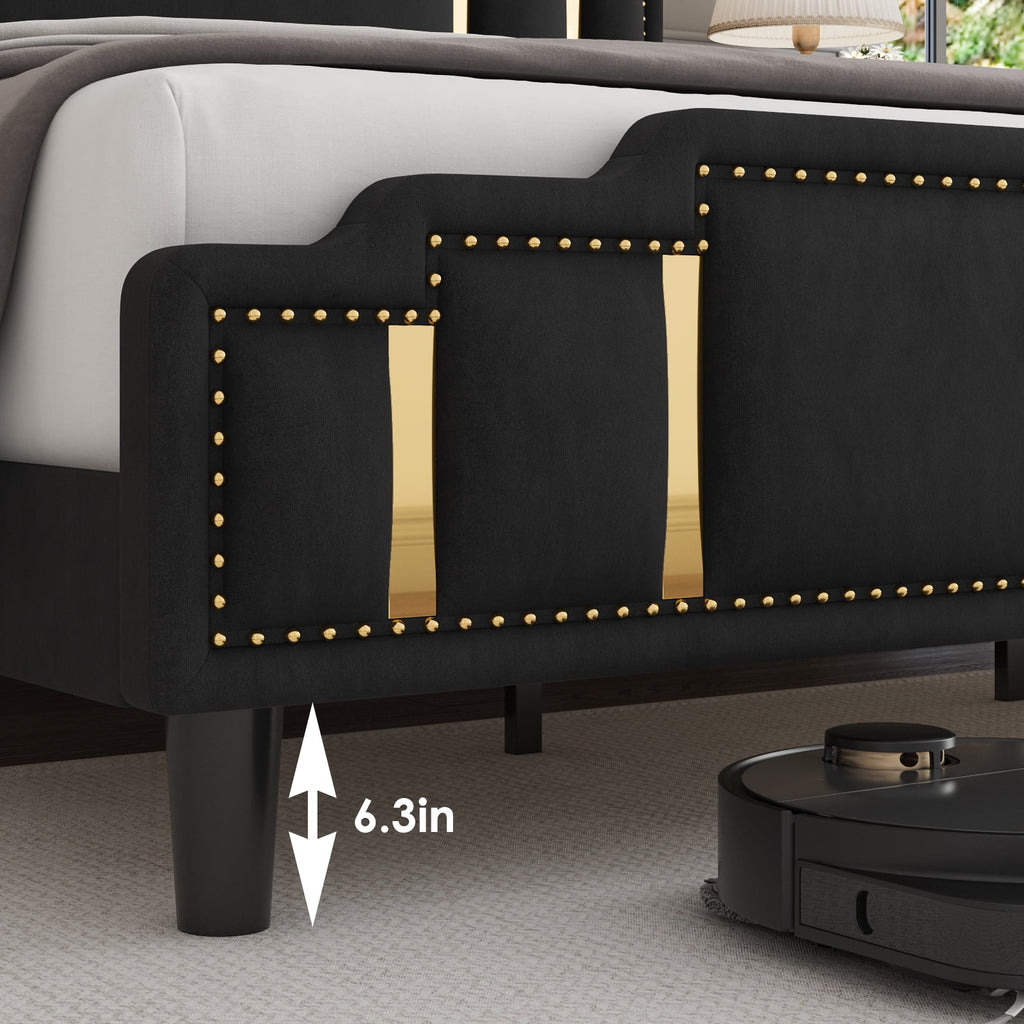 Black Velvet Queen Bed Frame with Adjustable Headboard F232