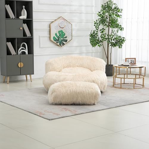 Wine Red Fluffy Faux Fur Oversized Bean Bag Chair with Ottoman H657