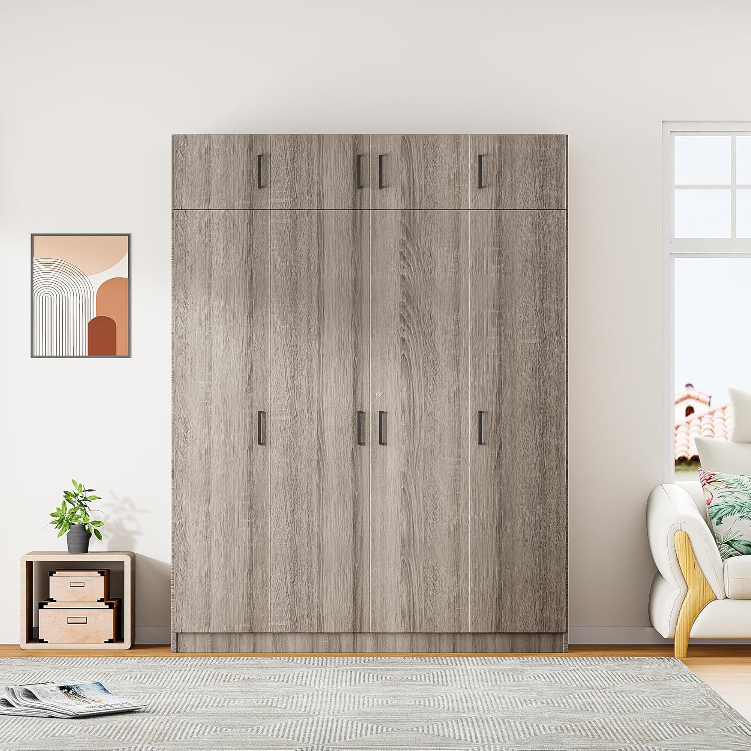 Gray 4-Door 1 Drawer Wood Wardrobe J3015