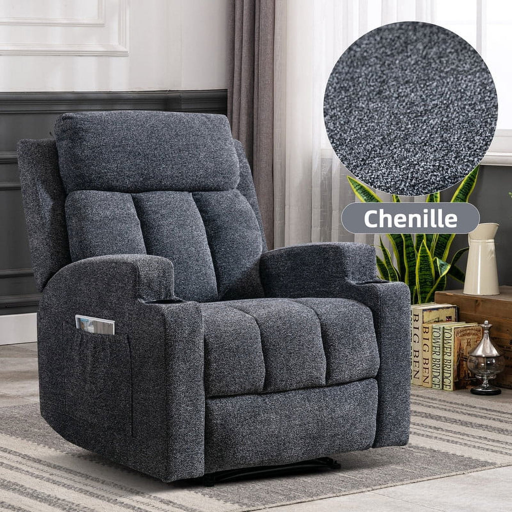 Manual Massage Recliner Chair with Heat, Side Pockets and Cup Holders, Overstuffed Breathable Fabric Reclining Chair, Single Sofa Q27019